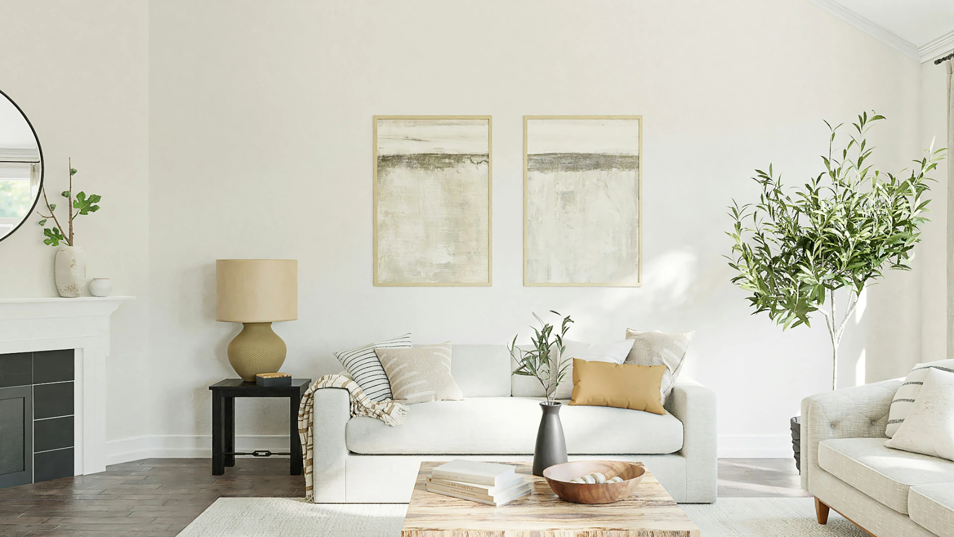 Bright modern living room with herringbone hardwood floors installed by Burke Flooring